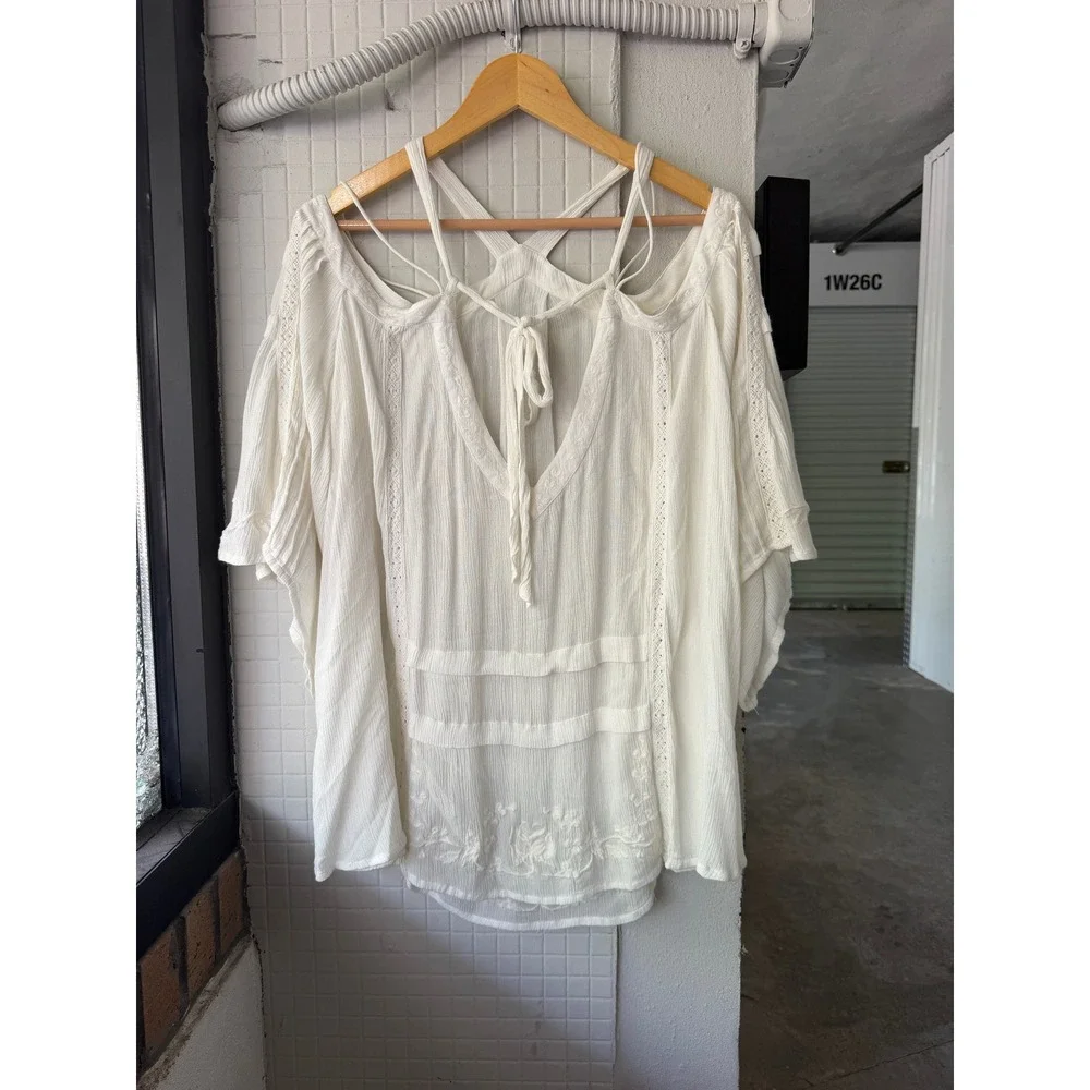 Free People Oversized Peasant Top XS Ivory Strappy Embroidered Boho Bell Sleeve